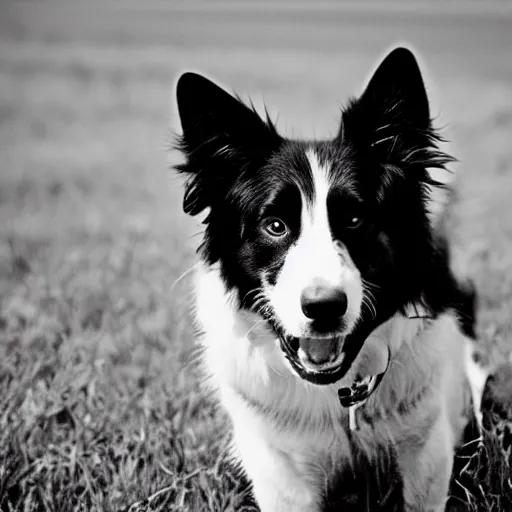 Prompt: A border collie with shepherd, film, photographic, film grain