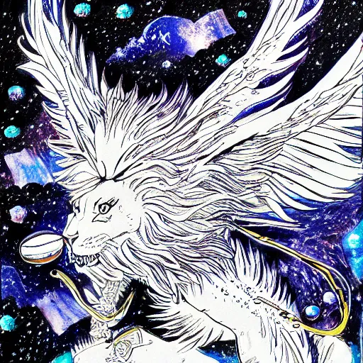 Image similar to winged lioness in outer space, ink on paper, 8k high quality detailed art, trending on art station, manga art, by Eiichiro Oda