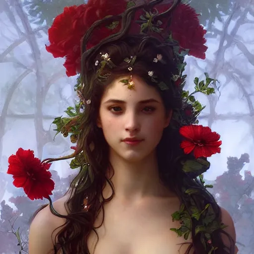 Image similar to goddesses, full body, blood everywhere, bay leafes, tendrils, flowers, intricate, elegant, highly detailed, digital painting, artstation, concept art, smooth, sharp focus, illustration, art by artgerm and greg rutkowski and and william - adolphe bouguereau and stephanie law