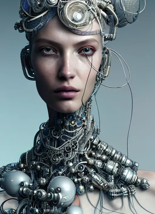 Prompt: portrait of an absurdly beautiful, graceful, sophisticated, fashionable cyberpunk mechanoid, hyperdetailed illustration by irakli nadar and vania zouravliov, matt wisniewski style, intricate linework, white porcelain skin, faberge headdress, unreal engine 5 highly rendered, global illumination, radiant light, detailed and intricate environment