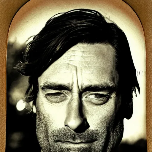 Prompt: polaroid picture, sepia, homeless jon hamm in the streets of los angeles, unshaved, toothless, next to a tent, symmetrical face, fine details, day setting, ethereal, trending on artstation