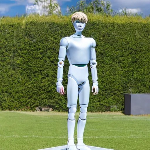 Image similar to a realistic detailed photo of a guy who is an attractive humanoid who is half robot and half humanoid, who is a male android, soccer player martin ødegaard, shiny skin, posing like a statue, blank stare, by the pool, on display, showing off his muscles, humanoid robot, frozen ice statue