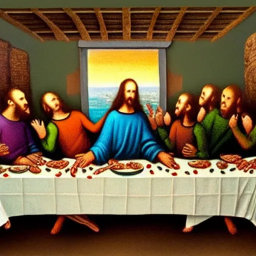 Image similar to aliens in the last supper, eating alien food, painting