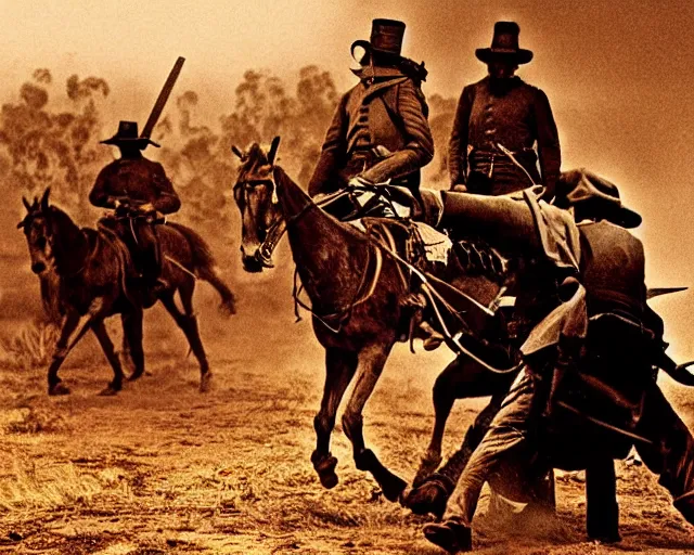 Prompt: australian bushranger edward kelly ned kelly, award winning epic action photography in rich colors