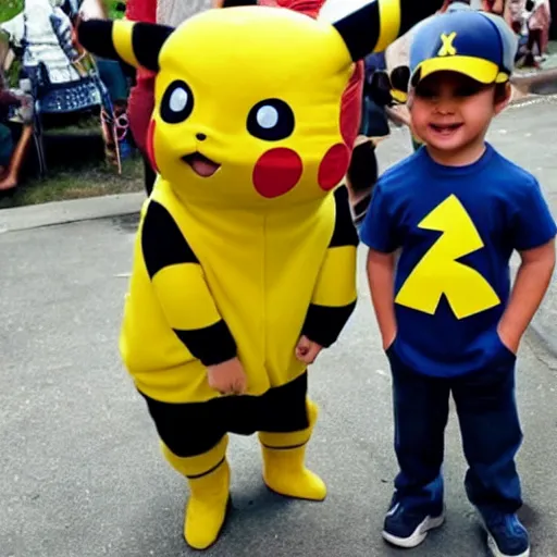 Image similar to a kid dressed up as pikachu zaps his dad