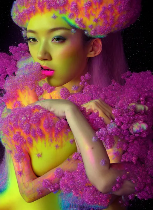 Image similar to hyper detailed 3d render like a Oil painting - kawaii Aurora (Singer) seen Eating of the Strangling network of colorful yellowcake and aerochrome and milky Fruit and Her delicate Hands hold of gossamer polyp blossoms bring iridescent fungal flowers whose spores black the foolish stars by Jacek Yerka, Mariusz Lewandowski, Houdini algorithmic generative render, Abstract brush strokes, Masterpiece, Edward Hopper and James Gilleard, Zdzislaw Beksinski, Mark Ryden, Wolfgang Lettl, Dan Hiller, hints of Yayoi Kasuma, octane render, 8k