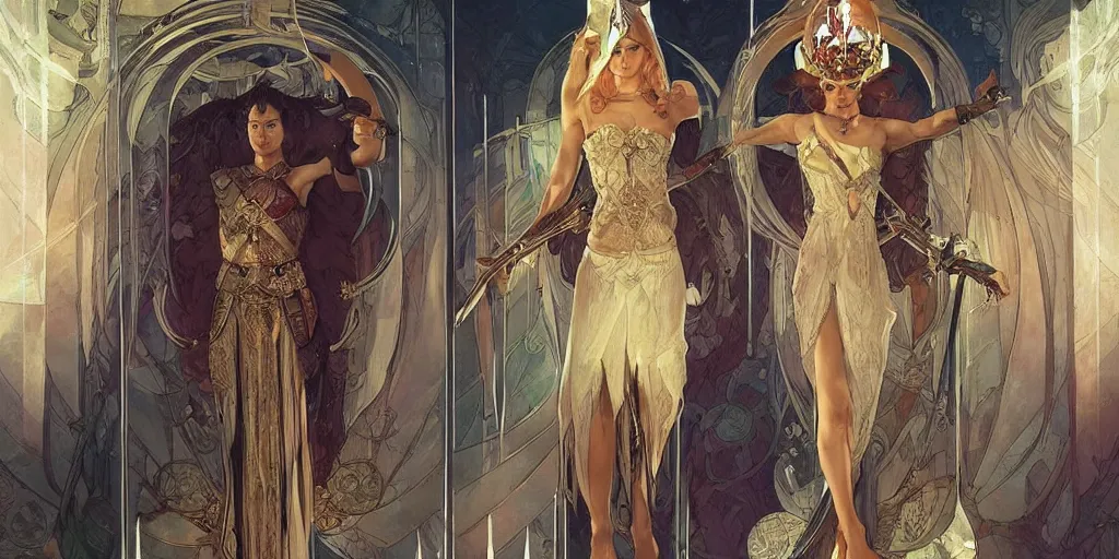 Image similar to a lone sword mounted in the center of a throne room, guarded by 3 transparent!!! female warfior spirits. art by artgerm, greg rutkowski, alphonse mucha