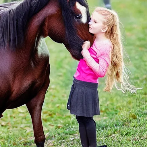 Prompt: a horse mounting a little girl