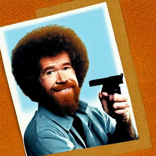 Prompt: Bob Ross shows everyone how cool he looks holding a gun