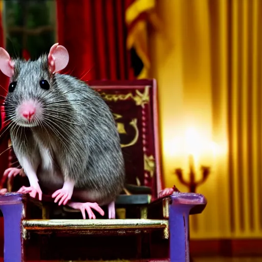 Image similar to A rat siting on a throne in the white house. Cinematic lighting, bright colors.