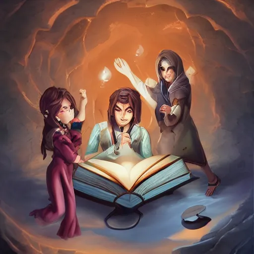 Image similar to a female and three male characters summoned from inside a book like genies, trending on artstation, detailed digital art