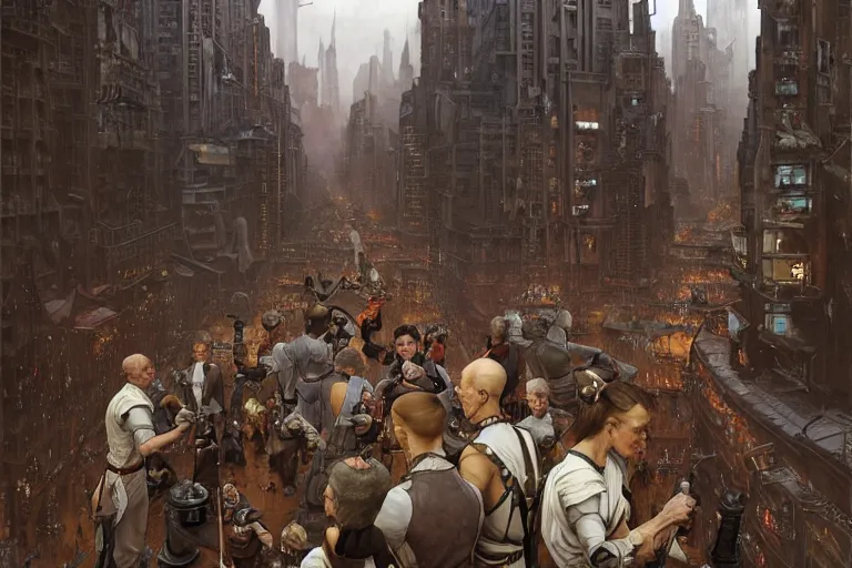 Image similar to a epic norman rockwell painting of the clone wars happening in the city of terra, gritty tech, deep focus, fantasy, intricate, elegant, highly detailed, digital painting, artstation, concept art, matte, sharp focus, illustration, dark fantasy style art, resident evil, art by artgerm and greg rutkowski, sakimichan and alphonse mucha