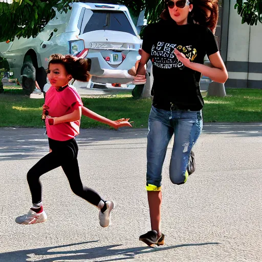 Prompt: alien next to salma haylek running from aliens