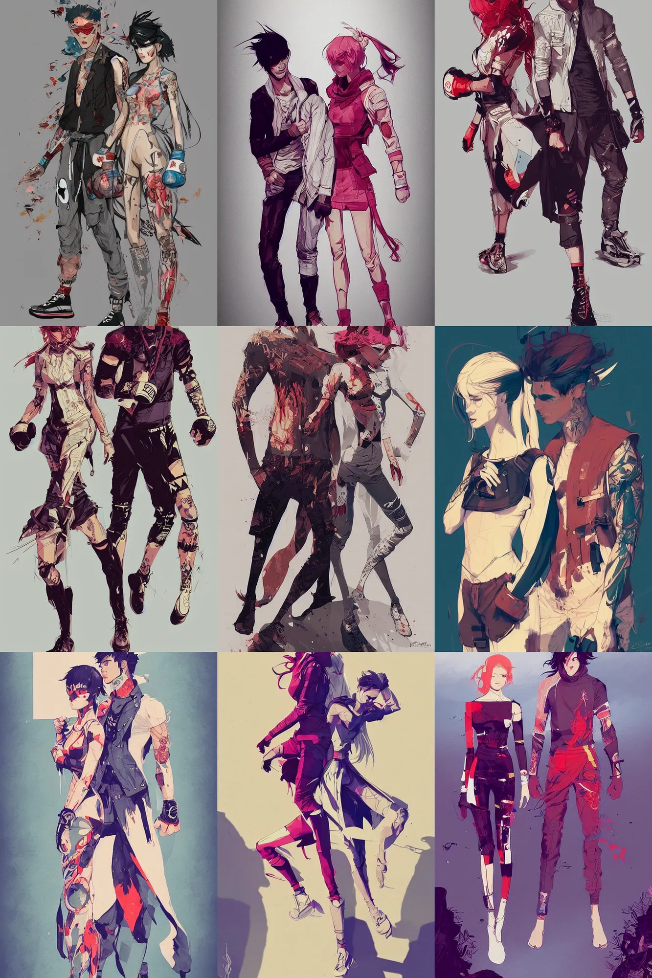 Image similar to concept arts of fashionable male and female fighters wearing trendy outfit, video game characters designs, by conrad roset, fiona staples, wlop, intricate, elegant, highly detailed, stylized, digital art, artstation, concept art, sharp focus, illustration, beautiful sunlight and shadows