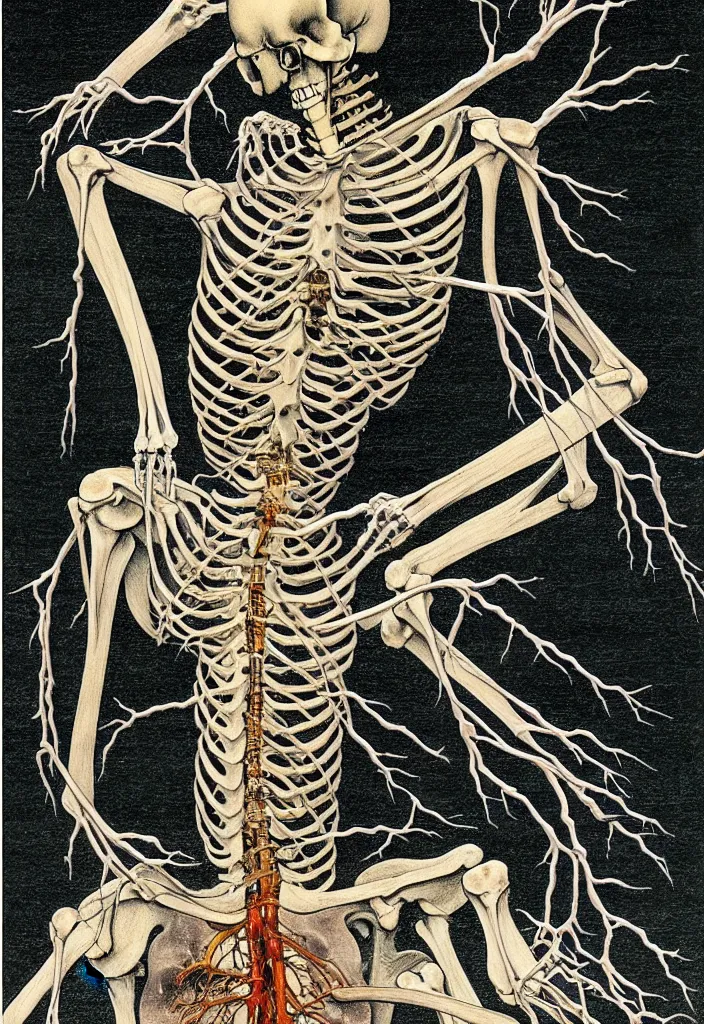 Image similar to prompt: anatomy dissection drawing skeleton Bonsai tree drawn by Takato Yamamoto, bonsai skeleton anatomy atlas, veins and organs attached to tree roots, alchemical objects inspired by 1980's sci-ci, old experimentation cabinet, intricate oil painting detail, manga 1980