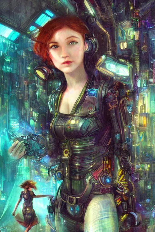 Prompt: beautiful digital oil whimsical cyberpunk style of a girl by Arthur Hughes