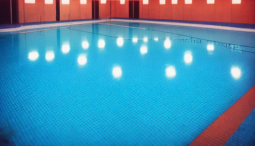 Prompt: 1 9 6 0 s movie still of empty blue tiles swimmingpool, cinestill 8 0 0 t 3 5 mm, high quality, heavy grain, high detail, panoramic, ultra wide lens, cinematic composition, dramatic light, flares, anamorphic, liminal space style