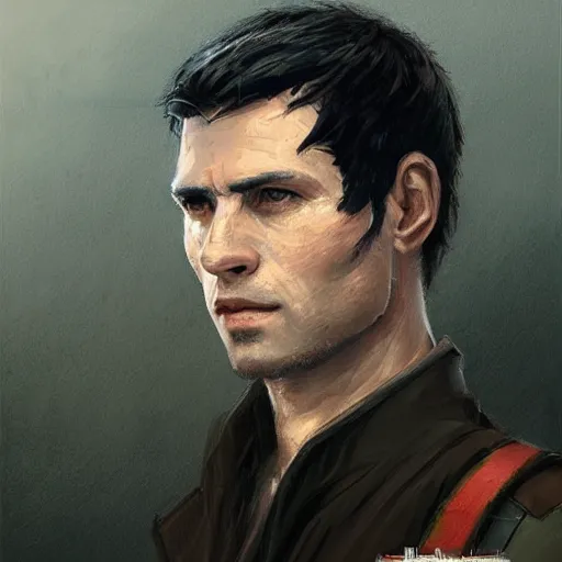 Image similar to portrait of a man by Greg Rutkowski, he is about 30 years old, he has short black hair in military-style, a straight jaw, he has a scar above one eyebrow, he wears Galactic Alliance military fatigues, Star Wars Expanded Universe, highly detailed portrait, digital painting, artstation, concept art, smooth, sharp foccus ilustration, Artstation HQ