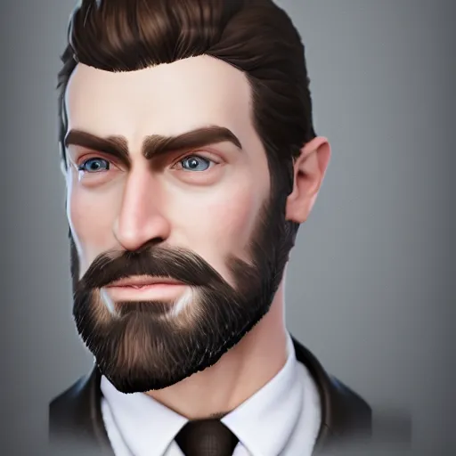 Image similar to a highly detailed portrait of a man, with a brown short beard and hair, blue eyes, wearing a tuxedo, artstation, deviantart, professional, unreal engine 5, photorealistic