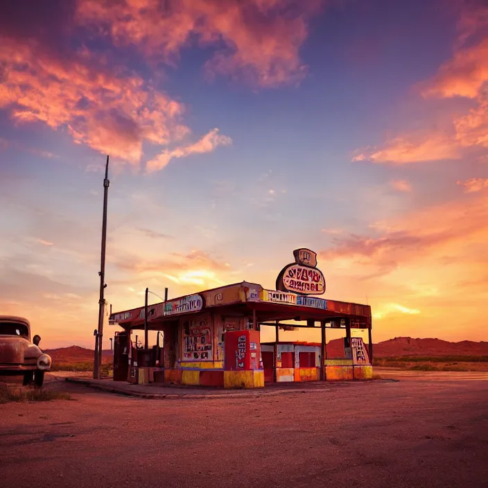 Image similar to a sunset light landscape with historical route 6 6, lots of sparkling details and sun ray ’ s, blinding backlight, smoke, volumetric lighting, colorful, octane, 3 5 mm, abandoned gas station, old rusty pickup - truck, beautiful epic colored reflections, very colorful heavenly, softlight