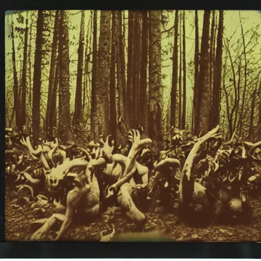 Image similar to a polaroid image of monsters gathering in the forest, grainy