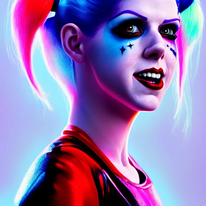 Image similar to portrait of Anna Kendrick as harley quinn. intricate abstract. intricate artwork. by Tooth Wu, wlop, beeple, dan mumford. octane render, trending on artstation, greg rutkowski very coherent symmetrical artwork. cinematic, hyper realism, high detail, octane render, 8k, iridescent accents