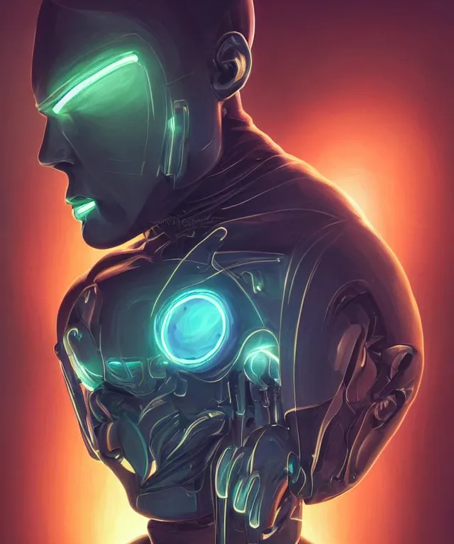 Image similar to a male android portrait wearing a suit and tie, surrealism, scifi, intricate, elegant, sharp eyebrows, highly detailed cybernetic body, neon glowing eyes, digital painting, artstation, concept art, smooth, sharp focus, illustration, art by artgerm and moebius and peter mohrbacher