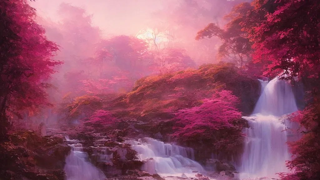 Prompt: the most beautiful abstract painting, where a giant dreamy waterfall creates a river, the trees around are starting to bloom in pink color, a ray light of the sunset is brightening the subject, by greg rutkowski