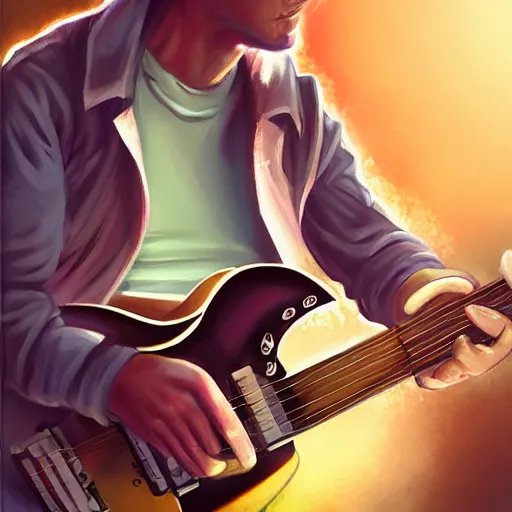 Image similar to a guitarist playing so intensely there is electricity shooting out from under his finger tips and freboard, amazing ditial art, trending on artstation, featured on deviantart