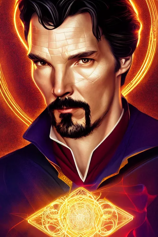 Image similar to Portrait of a doctor strange with dark hair, elegant, photorealistic, highly detailed, artstation, smooth, sharp focus, gold ornaments, neon lighting, sci-fi, art by Klimt