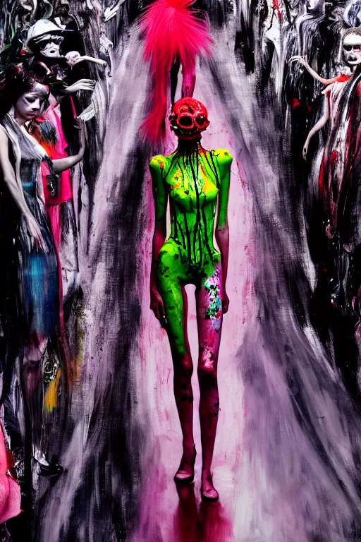 Image similar to crazy fashion catwalk, one model, crazy clothes, biopunk style, horror, clothes look like slime, hauntingly surreal, highly detailed painting by francis bacon, edward hopper, adrian ghenie, gerhard richter, and james jean soft light 4 k,