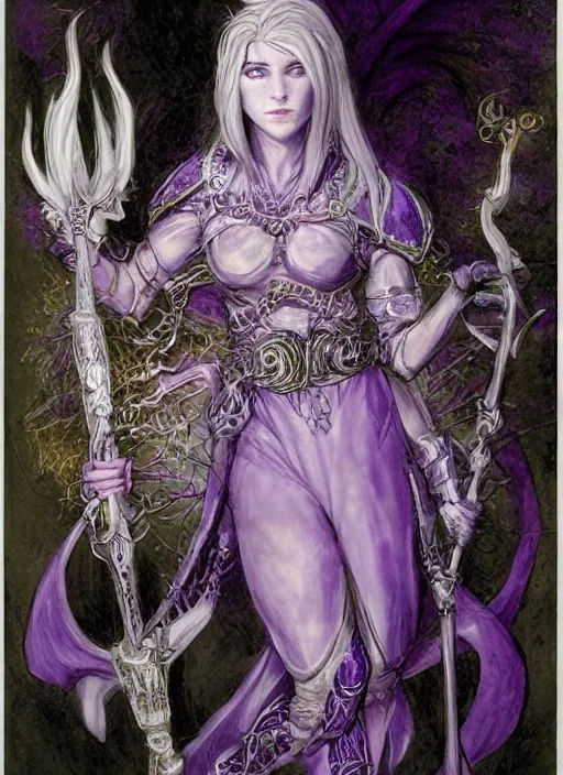 Image similar to portrait of young female prophetess of the endtimes, transluscent skin, silver filigreed armor, lavender hair, beautiful! coherent! dungeons and dragons character, by brian froud, strong line, cool night color, high contrast