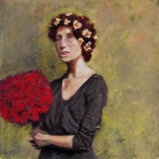 Prompt: woman with flowers, by Michael Johnson