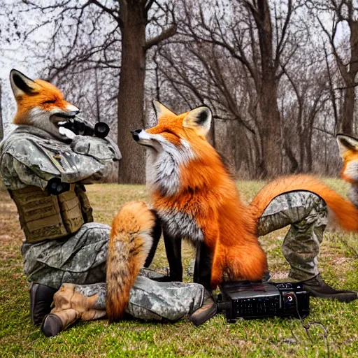 Image similar to a group of fox animals dressed in modern american military soldier uniforms, foxes laughing at a computer, 8 5 mm f / 1. 4