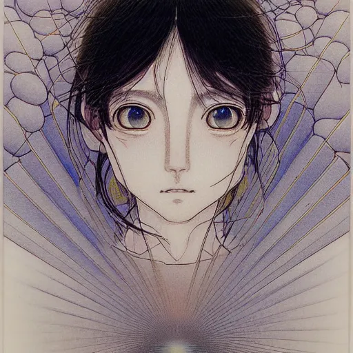 Image similar to prompt: Fragile looking vessel portrait soft light drawn by Katsuhiro Otomo, inspired by Fables, magical and alchemical objects on the side, soft light, white background, intricate detail, intricate oil painting detail, sharp high detail, manga and anime 2000