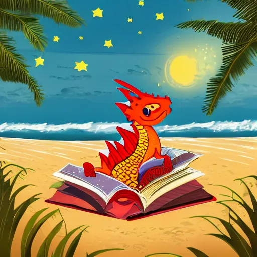 Image similar to Dragon on a beach reading a book under the stars