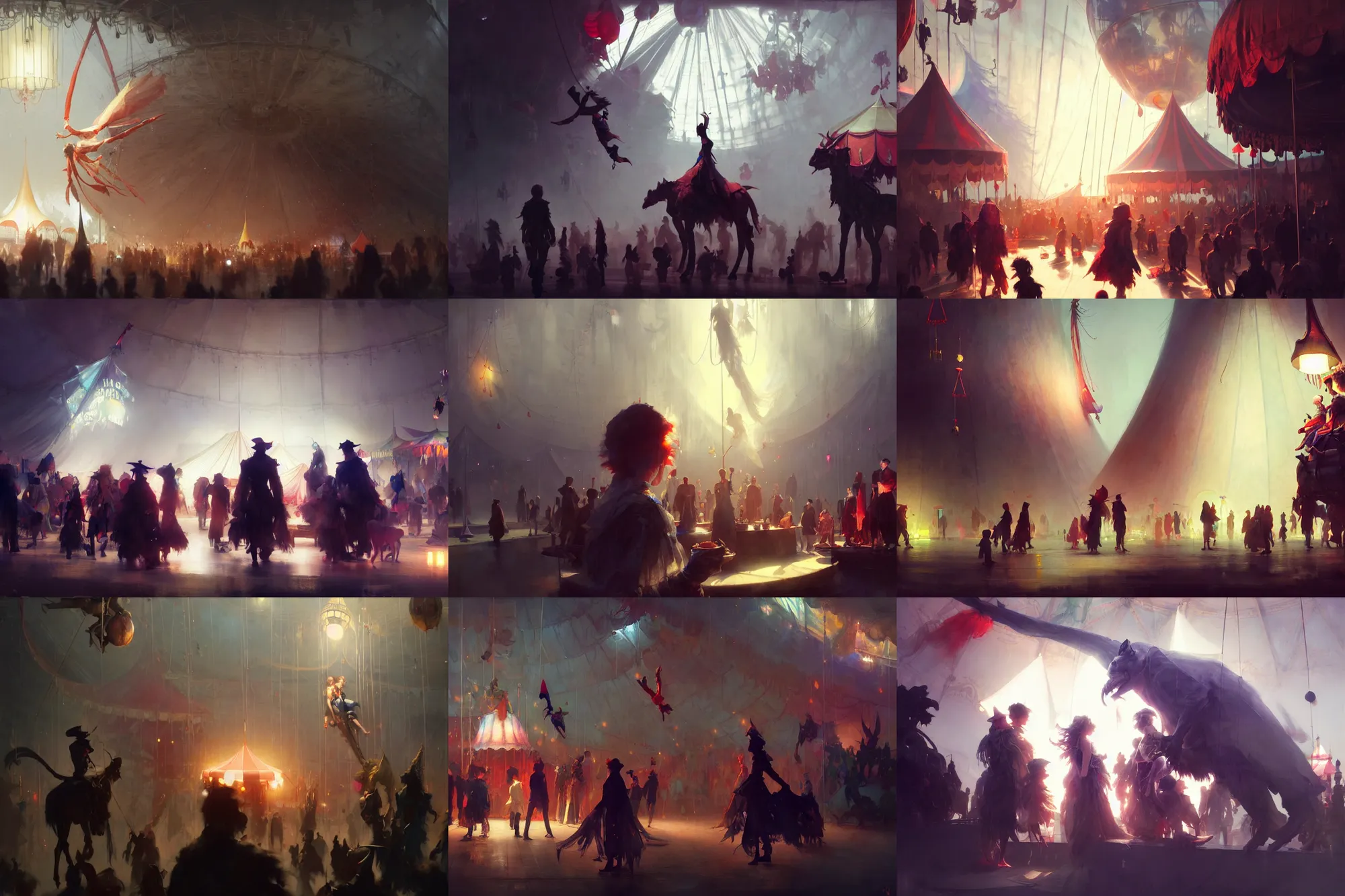 Prompt: close up group of friends exploring the witchlight carnival, big top circus tent, highly detailed, digital painting, concept art, matte, art by ruan jia and wlop and greg rutkowski and makoto shinkai, masterpiece