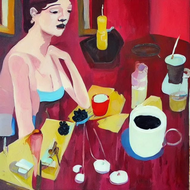 Image similar to “ sensual, a portrait in a female art student ’ s apartment, pancakes, woman drinking an iced latte from a painting, berries, art supplies, a candle dripping white wax, berry juice drips, neo - expressionism, surrealism, acrylic and spray paint and oilstick on canvas ”