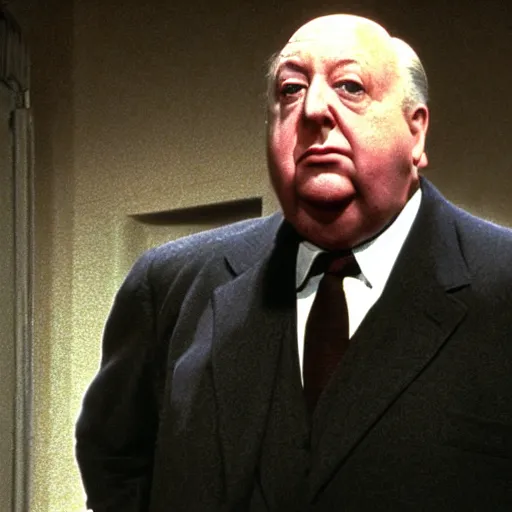 Prompt: Alfred Hitchcock stuck in a horror movie scene