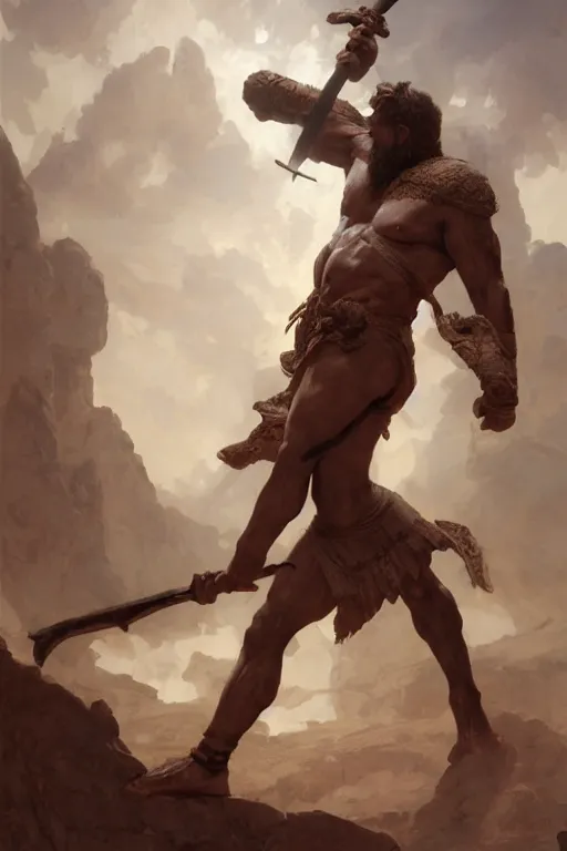 Prompt: ancient historically accurate depiction of the Bible Character Goliath of Gath, the Philistine warrior giant by frank miller, illustration by Ruan Jia and Mandy Jurgens and William-Adolphe Bouguereau, Artgerm, 4k, digital art, surreal, space dandy style, highly detailed, godsend, artstation, digital painting, concept art, smooth, sharp focus, illustration by Ruan Jia and Mandy Jurgens and William-Adolphe Bouguereau, Artgerm