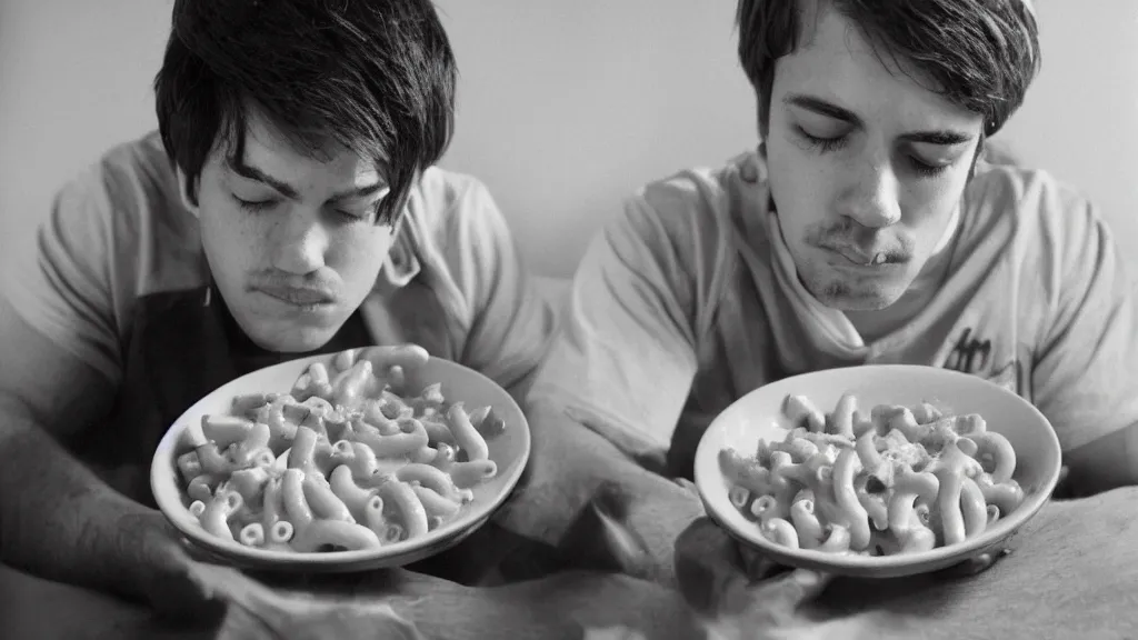 Prompt: mac and cheese soldierly portrait of a sad young dude 1 8 years old