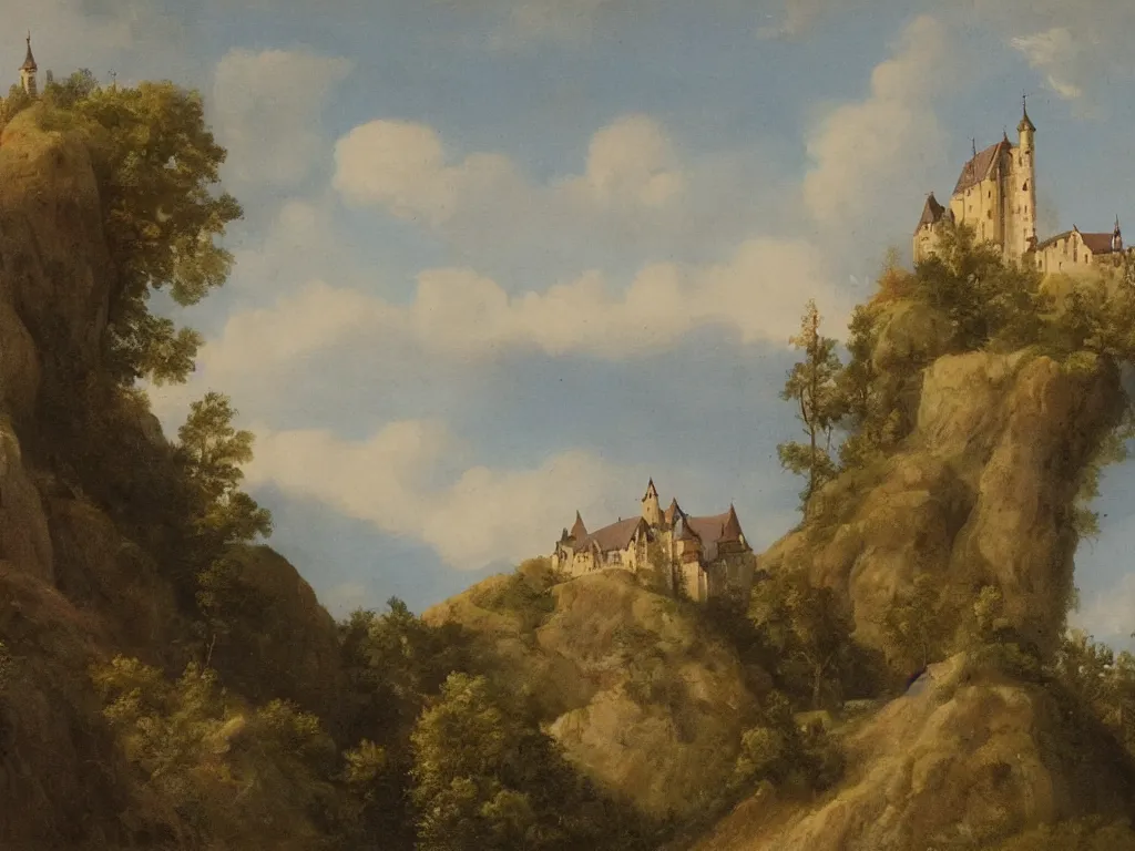 Image similar to a landscape painting of a german castle on the cliff