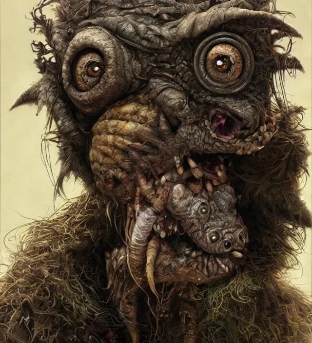 Image similar to hyper realistic portrait of postapocalyptic muppet monster goblin, cinematic, symmetric, dark crystal, artstation, cgsociety, alan lee, brian froud, jean baptiste monge, scott radke