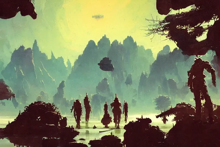 Image similar to 5 0 s pulp scifi illustration, space explorers in beautiful landscape, plain stretching into distance, pond, baobab trees, distant mountains, painted by bergey, craig mullins, john berkey, ruan jia, raymond swanland, jeremy mann, beksinski, jack kirby, tom lovell, alex malveda, schomburg