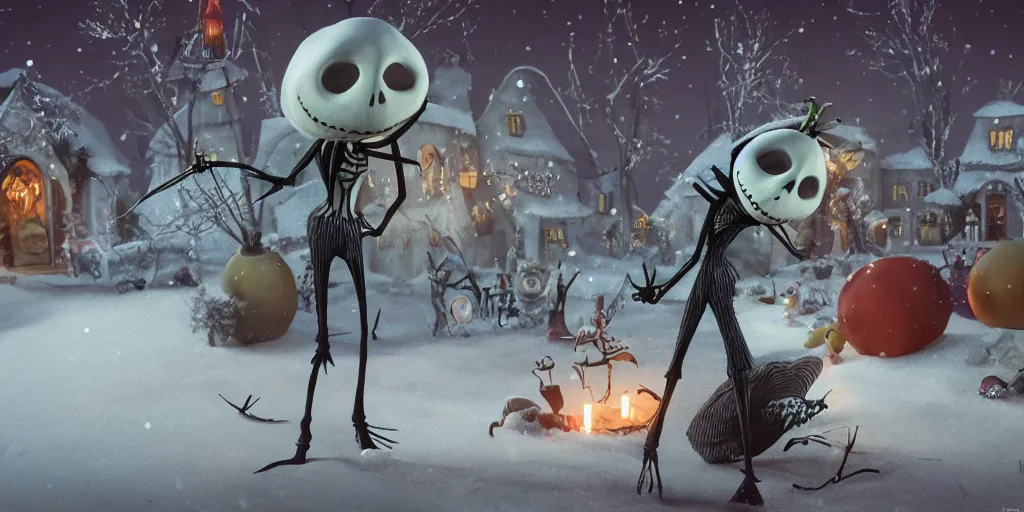 Prompt: a scene from tim burtons nightmare before christmas, illustration, reality, wide shot, light colors, highly detailed, sharp focus, cinema 4 d, 3 d, octane render