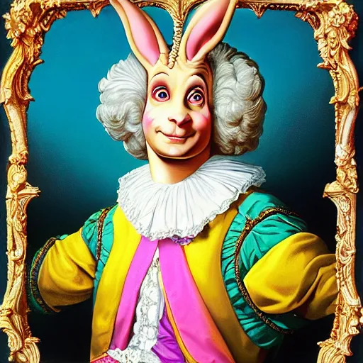 Prompt: baroque rococo pastel anthromorphic regal male rabbit prince Greg Hildebrandt Lisa frank portrait