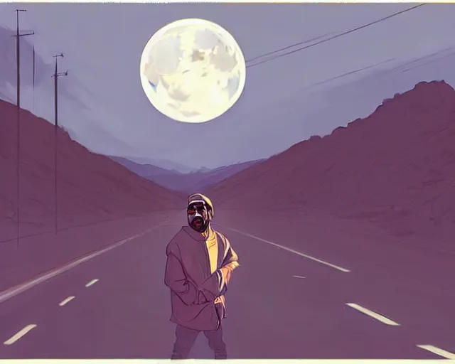 Image similar to a study of cell shaded cartoon of kanye west on a desert road, in front of a big moon illustration, wide shot, muted colors, post grunge, concept art by josan gonzales and wlop, david rubin, mike mignola, laurie greasley, highly detailed, sharp focus, trending on artstation, hq, deviantart, art by artgem