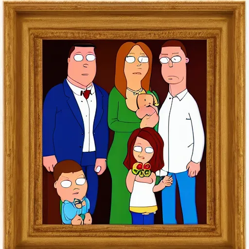 Prompt: family portrait, family guy artstyle, symmetry, sharp focus, oil painting, fine arts