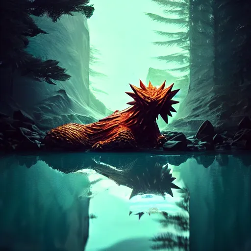 Image similar to ( ( pokemon ) ) creature creature in alaska, backlit, water reflection, warm tones : : by michal karcz, daniel merriam, victo ngai and guillermo del toro : : ornate, dynamic, particulate, intricate, elegant, highly detailed, centered, artstation, smooth, sharp focus, octane render, 3 d