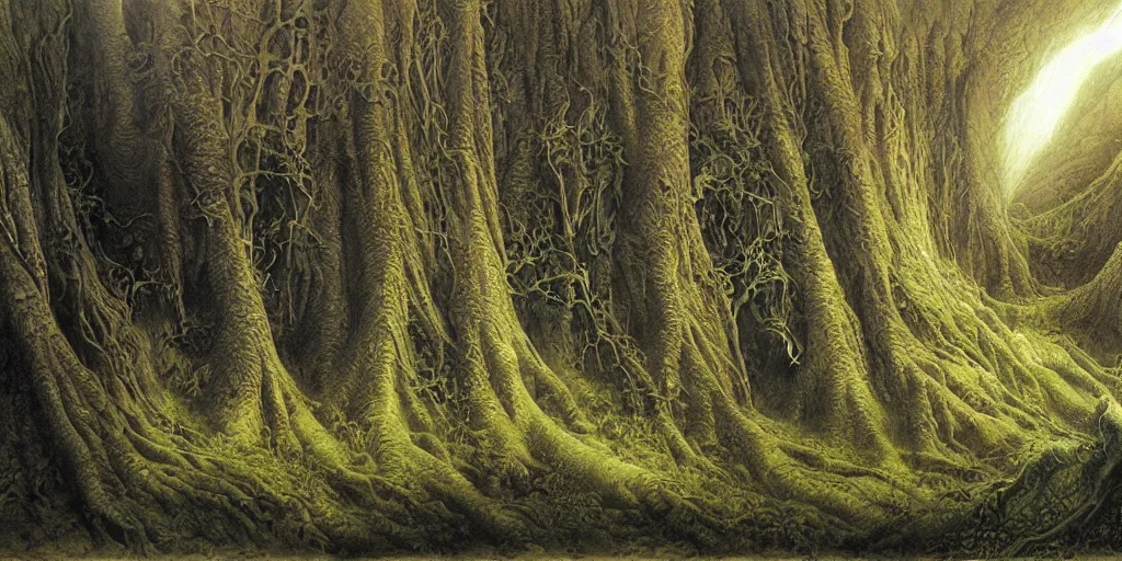 Image similar to Artwork by John Howe of the cinematic view of the Celestial Forest of Buried Enchantments.